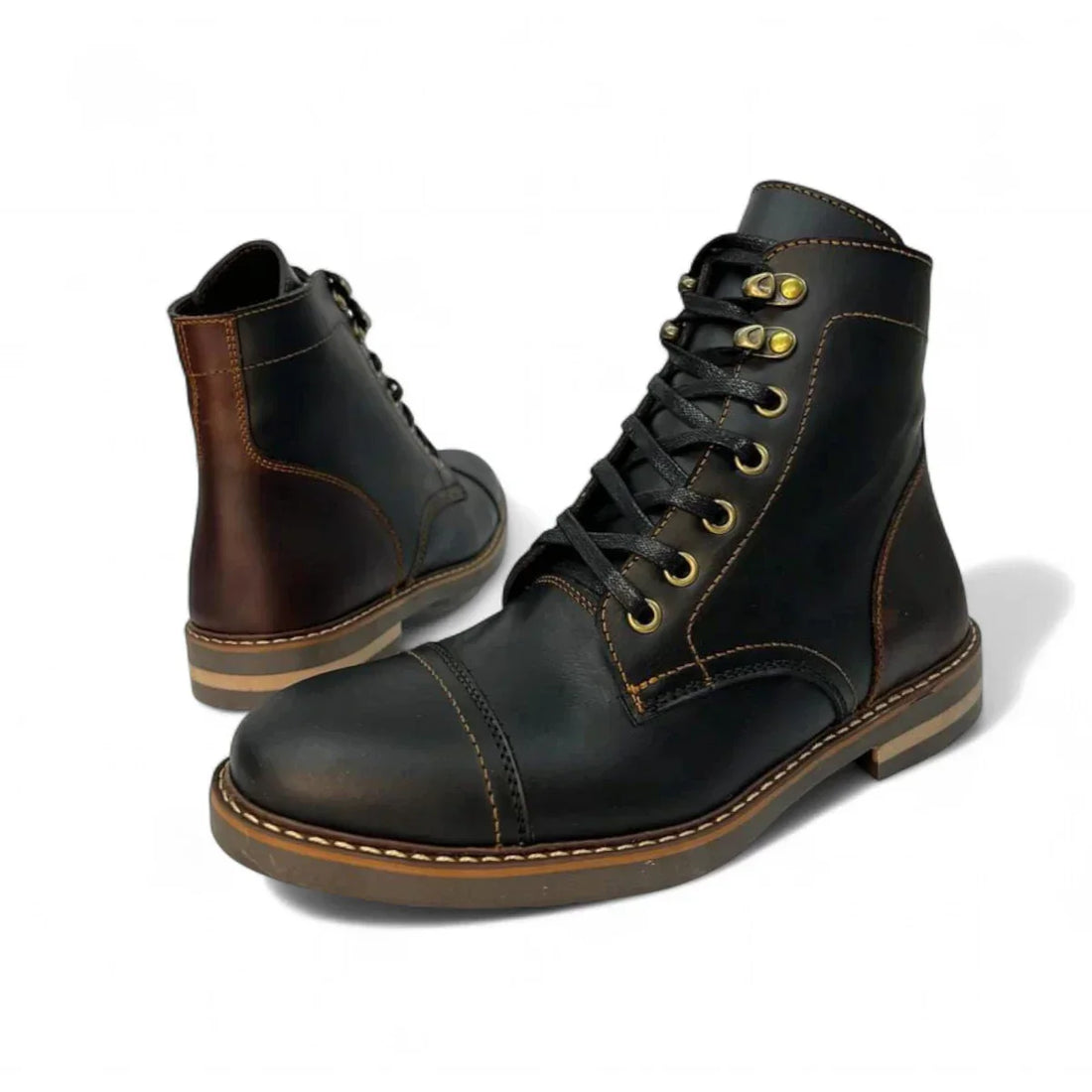 Botas para Hombre en Cuero Negro x Coñac de Caña Media – Diseño Robusto con Suela Antideslizant - Tienda Serrano